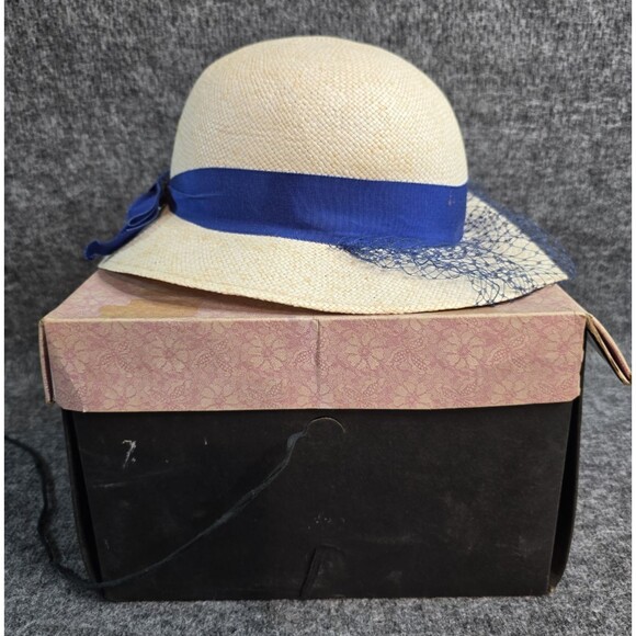 Career Collection Womens Vintage Hat Brimmed Beige Blue Ribbon w Original Box - Picture 1 of 11